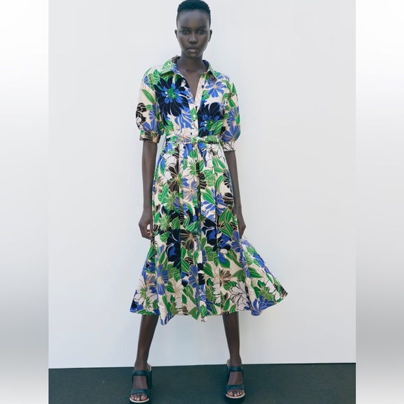 ZARA MIDI PRINT BELTED POPLIN SHIRT DRESS XXL - Picture 1 of 2